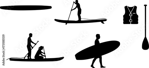 Paddle boarding equipment silhouettes, Paddleboard silhouette,Paddleboarding silhouettes, Paddleboard, Paddleboard vector, Paddle surfers