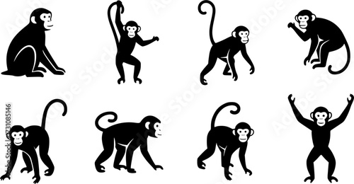Monkey silhouettes, Monkey silhouette collection, Sitting monkey silhouette, Monkey, Monkey clipart, Monkey vector illustration