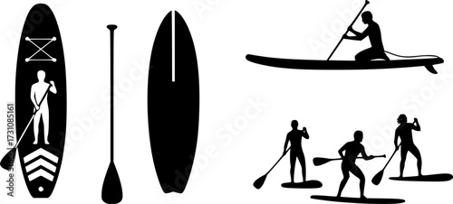 Paddle boarding equipment silhouettes, Paddleboard silhouette,Paddleboarding silhouettes, Paddleboard, Paddleboard vector, Paddle surfers