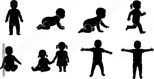 Toddler silhouette, Children silhouettes, Kids silhouette, Toddler vector set, Baby , Children clipart 