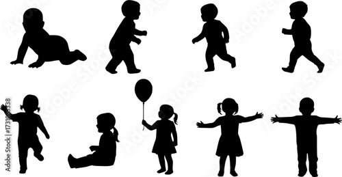 Toddler silhouette, Children silhouettes, Kids silhouette, Toddler vector set, Baby , Children clipart 