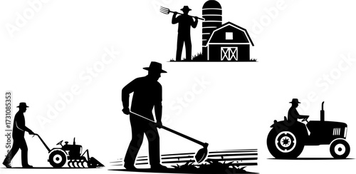 Farmers works in field, Farmer working, Farmer with vehicle silhouettes, Agriculture farmer silhouette, Agriculture farmer , Farmer with vehicle