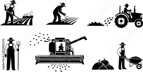 Farmers works in field, Farmer working, Farmer with vehicle silhouettes, Agriculture farmer silhouette, Agriculture farmer , Farmer with vehicle