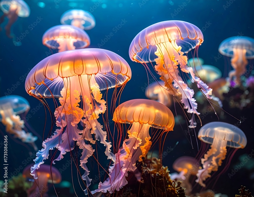 Naklejka premium Illuminated jellyfish gracefully drift in a dark, underwater scene