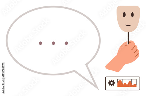 Hand holds smiling mask near speech bubble and emotion graph to represent hidden feelings, mood analysis, and expression. Ideal for psychology, communication, counseling, self-expression, emotion