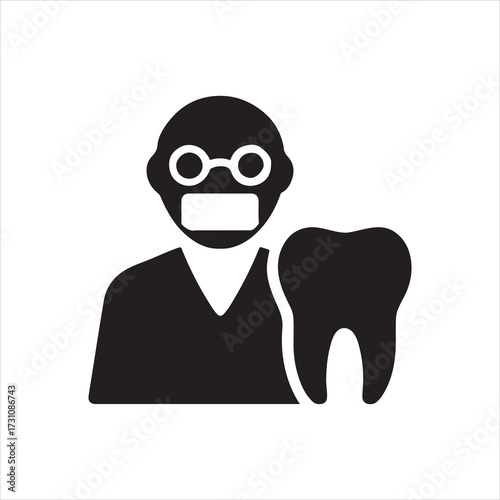 Dentist or dental professional icon with tooth for dental care concept and oral health wearing glasses and face mask providing treatment