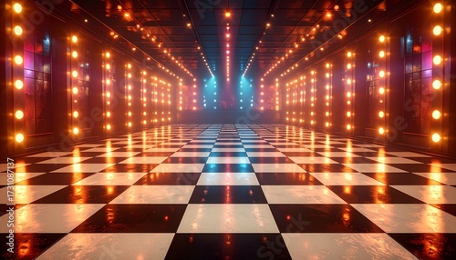 Psychedelic disco hall with luminous firefly lights and a dynamic checkered floor
