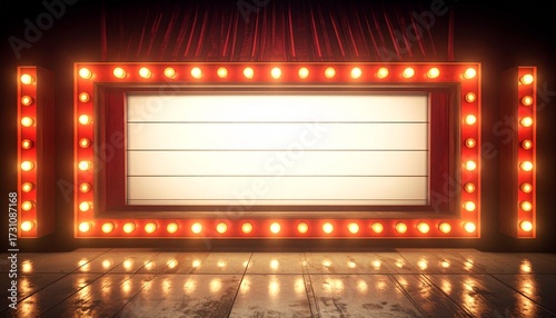 Retro illuminated marquee sign on a vibrant theater stage with red curtains for a classic display