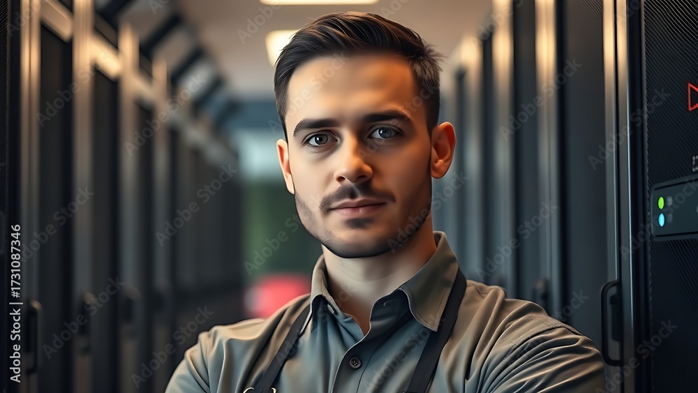 Obraz premium An IT technician in a data center, working among server racks.