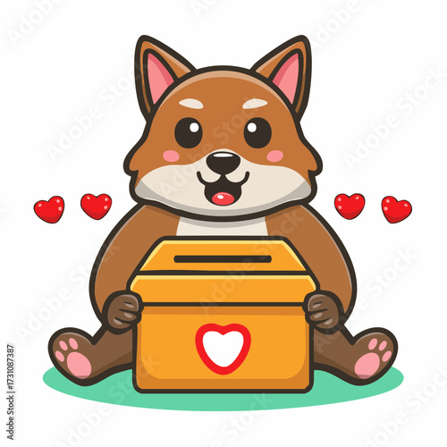 Minimalist style adorable dog mascot inviting donations with a cheerful heart box