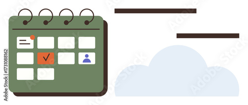 Green calendar with checkmark symbol, user icon, and task blocks next to a cloud. Ideal for planning, scheduling, time management, productivity, organization goal tracking and simplicity. A simple