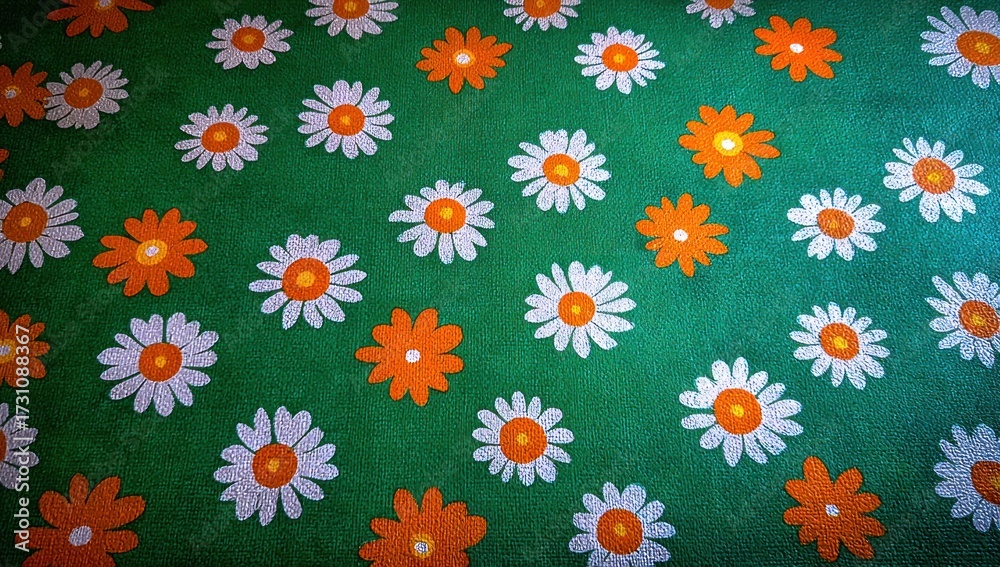 Fototapeta premium A vibrant green surface is adorned with a repeating pattern of white and orange daisies.