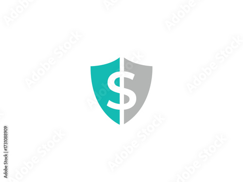 Teal and gray shield with white dollar sign graphic money finance