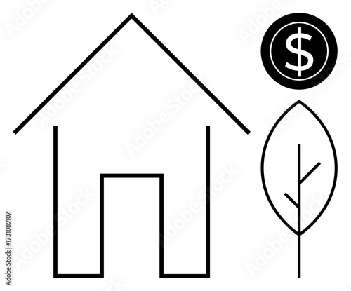 Outline of a house, dollar sign, and a leaf representing eco-living, home affordability, and green initiatives. Ideal for sustainability, real estate, finance, ecology housing green energy