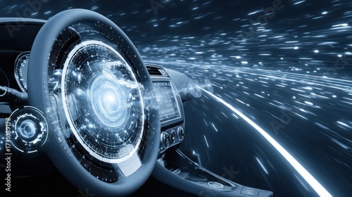Car Interior with Digital Display and Light Streaks