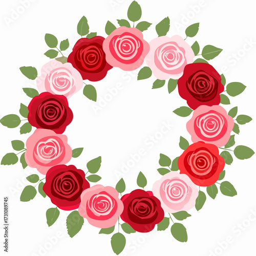 円形フレームとバラの花を描いた華やかなバレンタインベクター素材