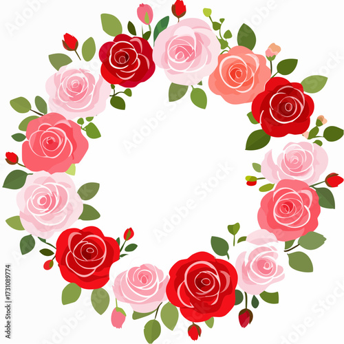 円形フレームとバラの花を描いた華やかなバレンタインベクター素材