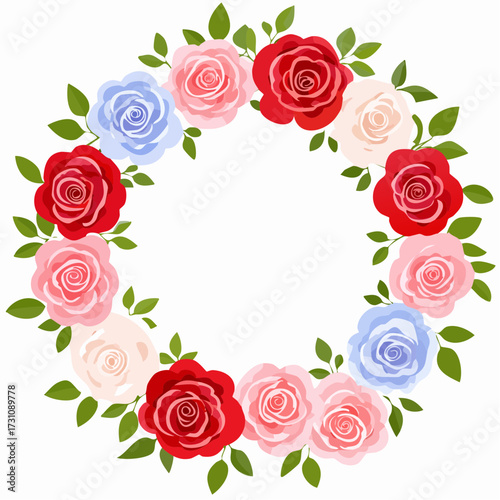 円形フレームとバラの花を描いた華やかなバレンタインベクター素材