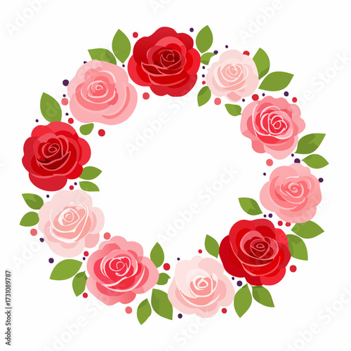 円形フレームとバラの花を描いた華やかなバレンタインベクター素材