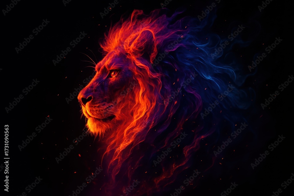 Naklejka premium Roaring lion profile wrapped in prismatic flames against deep black dramatic contrast