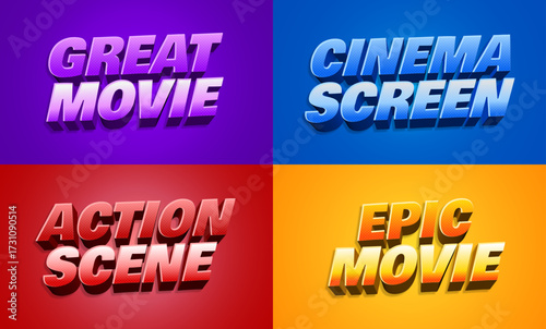 3d pop retro movie title text effect bundle - cinema and film typography set, editable blockbuster film title style kit