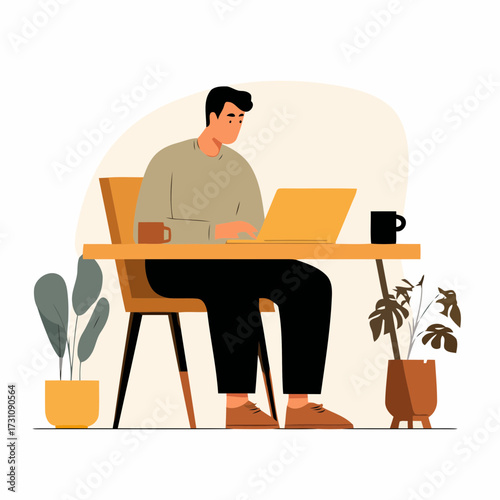 Freelancer lifestyle flat vector illustration minimal design of young man working on laptop at desk with coffee cup in modern workspace