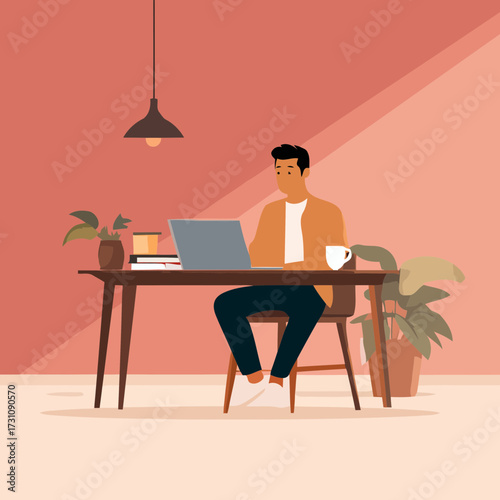 Flat minimal design of young man using laptop at desk with coffee cup vector illustration for remote work freelance job and productivity theme