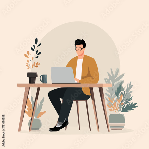 Young man working on laptop with coffee cup at desk flat minimal vector illustration depicting freelance job student productivity and workspace