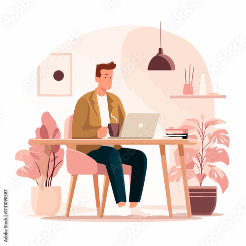 Work from home illustration flat minimal design of young man using laptop with coffee cup at desk for freelance business productivity and study
