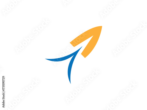 Orange and blue abstract arrow shape rising upwards on white background growth