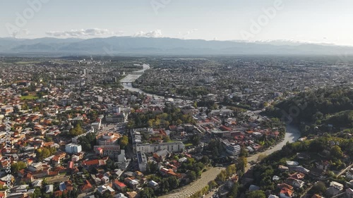 Aerial view of Kutaisi with the Rioni River and Mountains