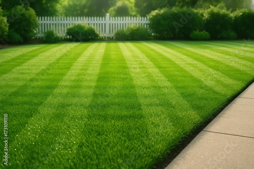 Striped freshly mowed lawn in suburban yard crisp grass blades and neat edging lines