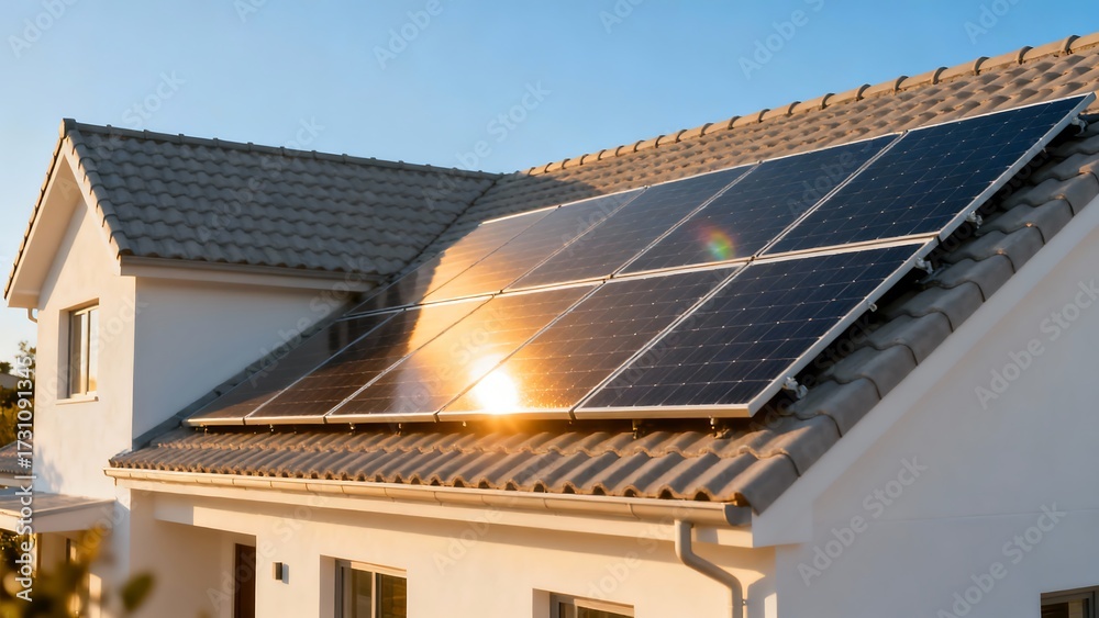 Fototapeta premium Sustainable home with photovoltaic panels capturing the sun's power.