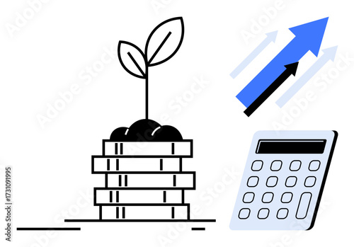 Plant sprouting from stacked coins symbolizes growth and investment success. Calculator and upward blue arrows convey financial planning, profit, and progress. Ideal for investment, finance