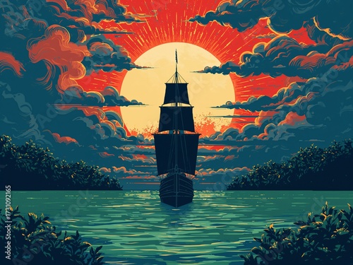 Silhouette of a pirate ship sailing towards a dramatic sunset