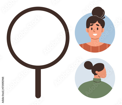 Magnifying glass with focus on two people, one smiling and one facing away. Ideal for recruitment, analysis, exploration, individuality, decision-making, targeting human resources. Clean flat