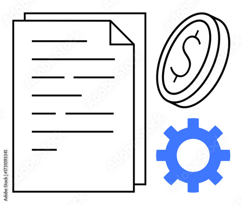 Paper document, coin with dollar sign, and gear convey financial management, process efficiency, and strategic planning. Ideal for business, accounting, analysis, automation organization finance