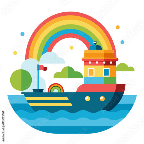 Joyful rainbow ship sails on bright blue ocean waves under a vibrant arc of color, bringing hope and cheer on a sunny day with fluffy clouds and playful dots