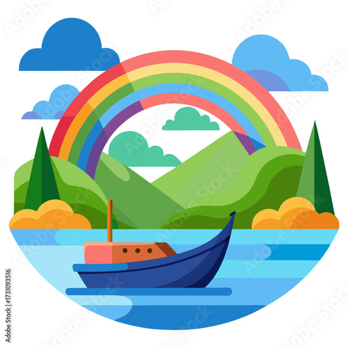 Vibrant rainbow arches over serene landscape with a solitary boat gliding across calm blue waters, evoking peace and adventure