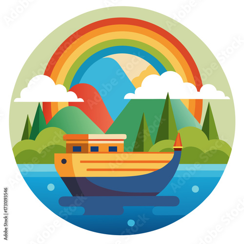 Vibrant boat sails on tranquil water beneath a majestic rainbow and rolling green hills, evoking adventure and natural beauty