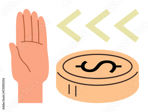 Open hand stopping action near dollar coin with arrows indicating reversal or pause. Ideal for payment halt, finance management, transaction cancellation, financial decision, budgeting, saving