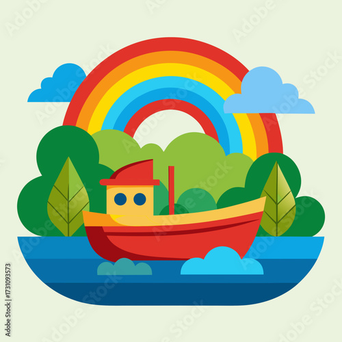 Whimsical red boat sails on calm blue water beneath a vibrant rainbow and lush green trees, evoking a sense of adventure and joy for children's stories and playful designs.
