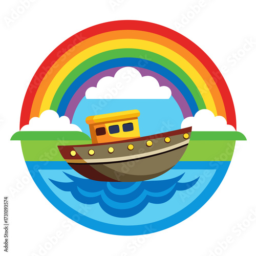 Joyful boat sails beneath a vibrant rainbow and fluffy clouds over calm blue waters, symbolizing adventure and hope