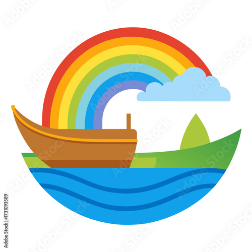 Hopeful journey begins with Noah's Ark sailing under a vibrant rainbow and fluffy clouds, symbolizing new beginnings and divine promise amid calm seas and lush land.