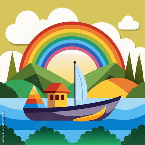 Whimsical sailboat glides on calm waters beneath a vibrant rainbow and rolling green hills, evoking a sense of adventure and peaceful journey.