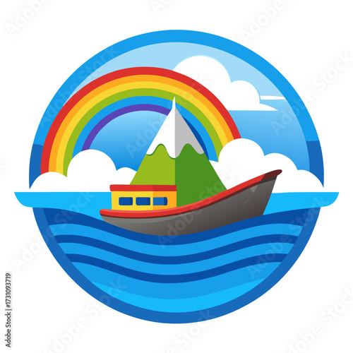 Vibrant rainbow arches over a boat sailing on calming blue waters, a whimsical and uplifting visual for travel, tourism, and design projects