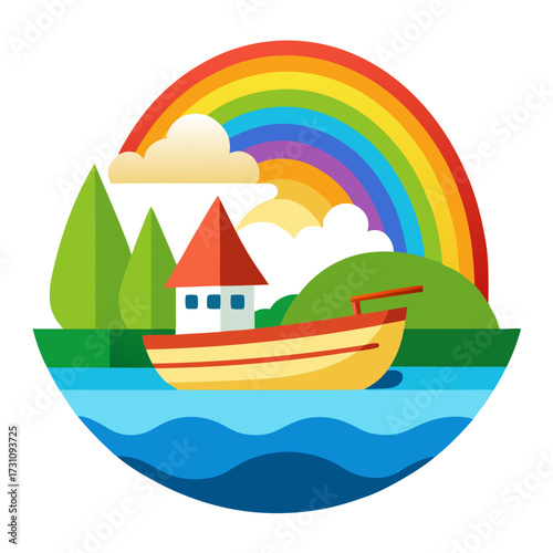 Vibrant rainbow over charming boat and quaint house on the water, evoking joy, happiness, and a sense of adventure, perfect for children's themes and travel concepts