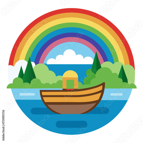 Vibrant rainbow arching over a boat sailing on calm waters, inspiring hope and peace, perfect for children's books, educational materials, and joyful designs.
