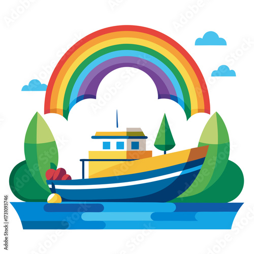 Vibrant rainbow arching over a cheerful fishing boat sailing on tranquil waters, perfect for travel, tourism, and optimistic concepts, evoking joy and happiness.
