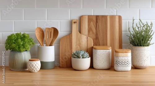 Wooden Kitchen Countertop Display with Decorative Utensils and Ceramic Containers on a White Tile Background